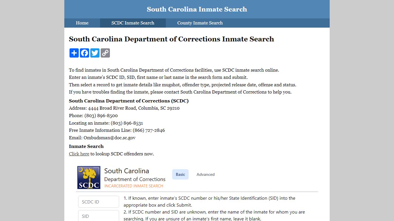 South Carolina Department of Corrections Inmate Search